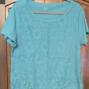 LOFT Teal Lace-Front Short Sleeve Tee